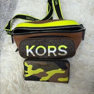 Michael Kors Brown & Neon Yellow Logo Belt Bag
